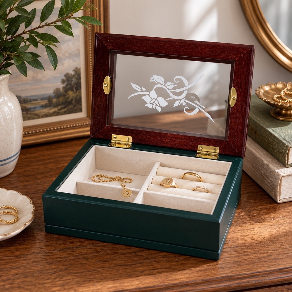 Vintage Wood Jewelry Box Glass Lid Ring Box‎ Trinket Storage Keepsake Organizer
